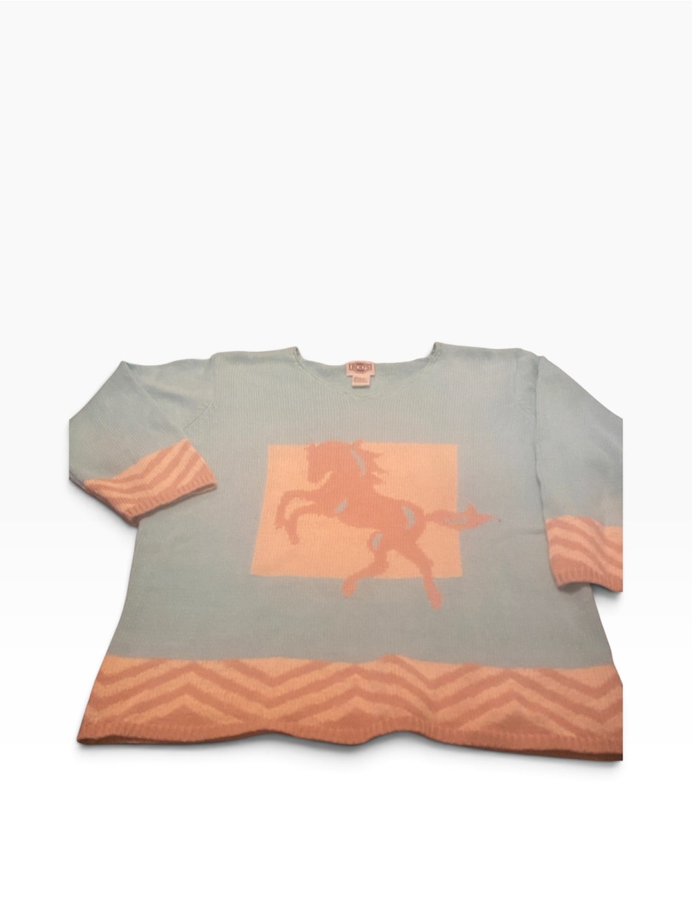 Vintage Womens Light Blue & Peach Unicorn Knit Sweater